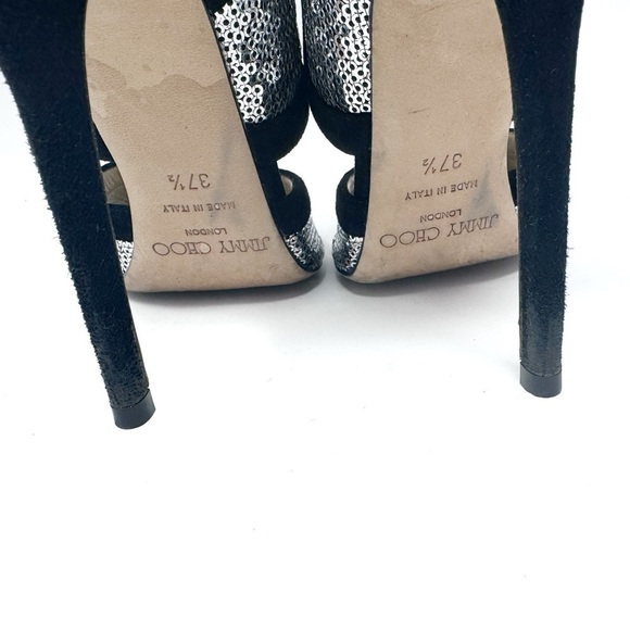 JIMMY CHOO Silver Sequin Black Suede Cut Out Temptress Stiletto Heels 37.5 - Picture 9 of 11